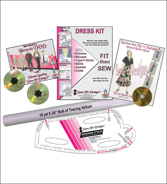 A sewing pattern envelope that is pink and gray that says Dress Kit in the center, a Beyond Bodice Basics  that's on the right, a how to DVD on the left a roll of tracing vellum below horizontally and a designing stylus on the bottom