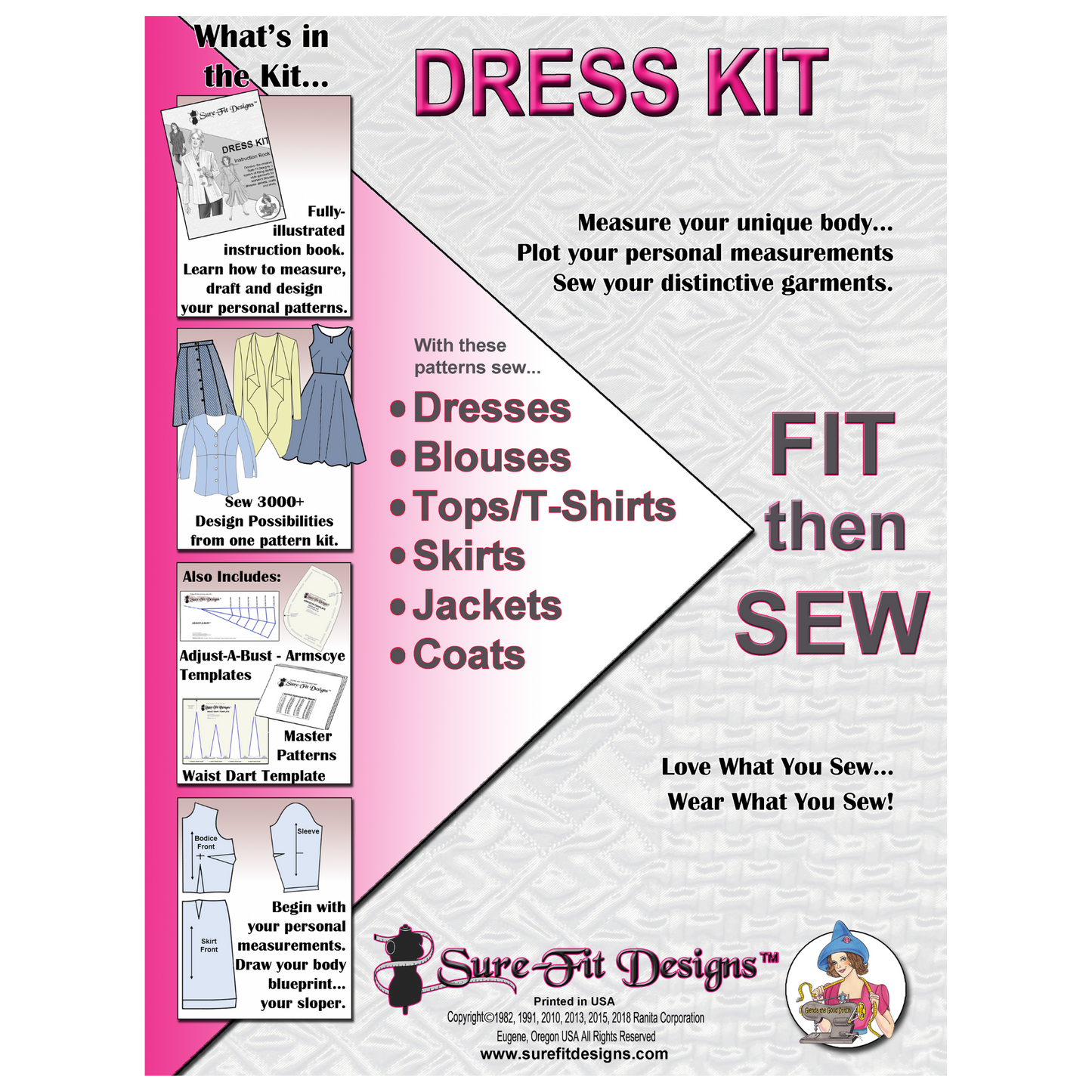 A 10 x 13 large sewing pattern envelope that says dress kit in pink letters.  It is master patterns for sewing dresses