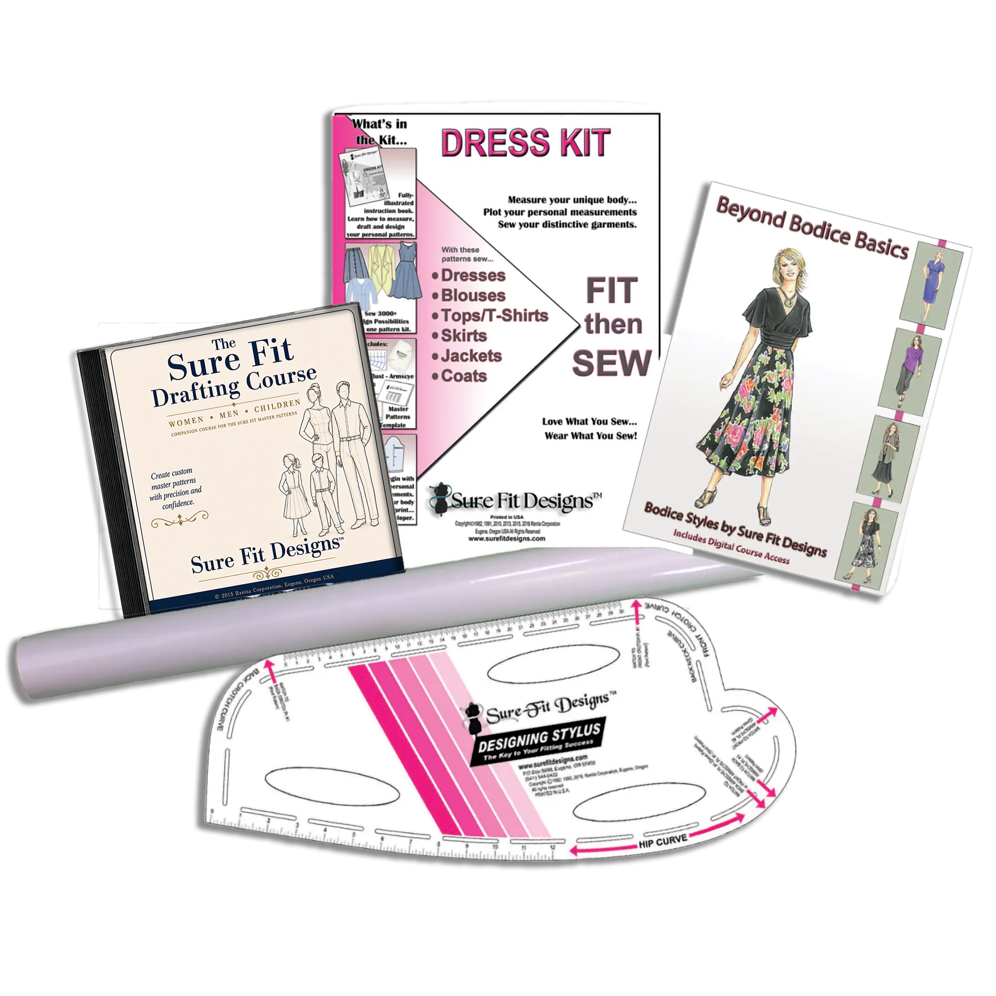 Collection of sewing books and tools on a white background