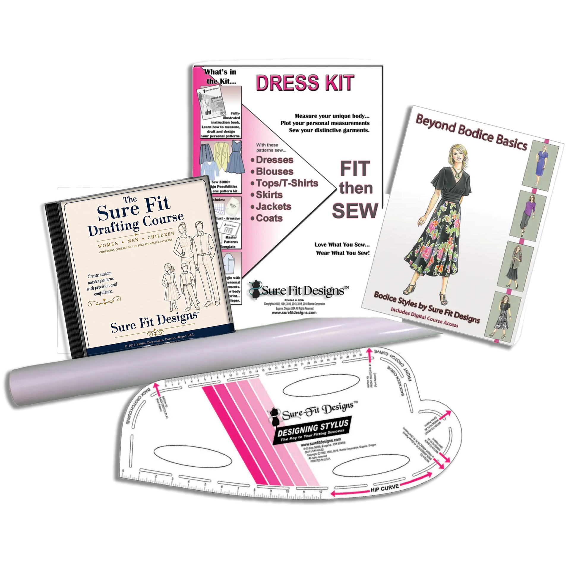 Collection of sewing books and tools on a white background