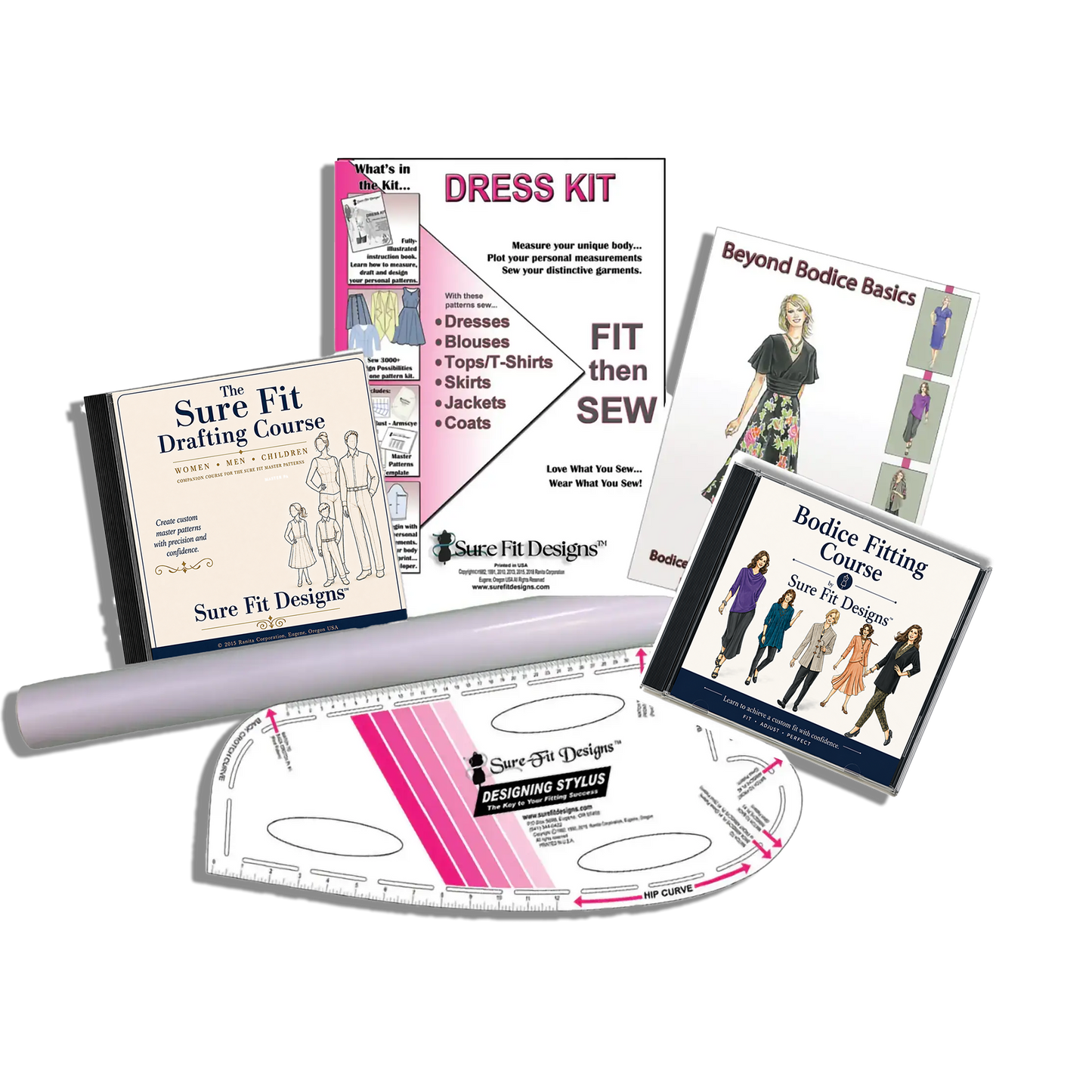 Collection of sewing books and tools on a white background