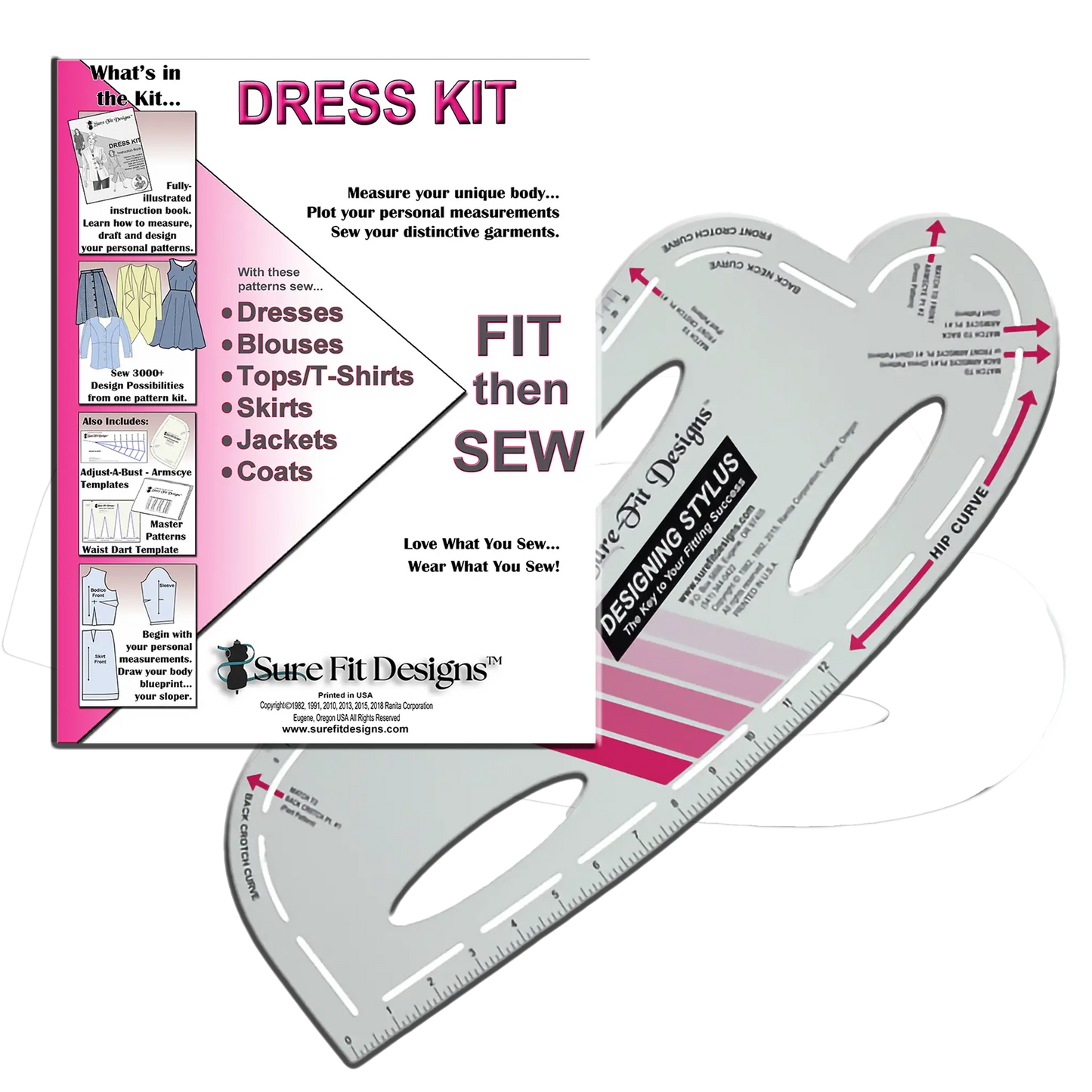 Dress fitting kit with measurement tool and packaging on a white background