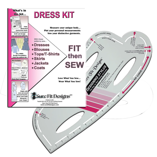 Dress fitting kit with measurement tool and packaging on a white background