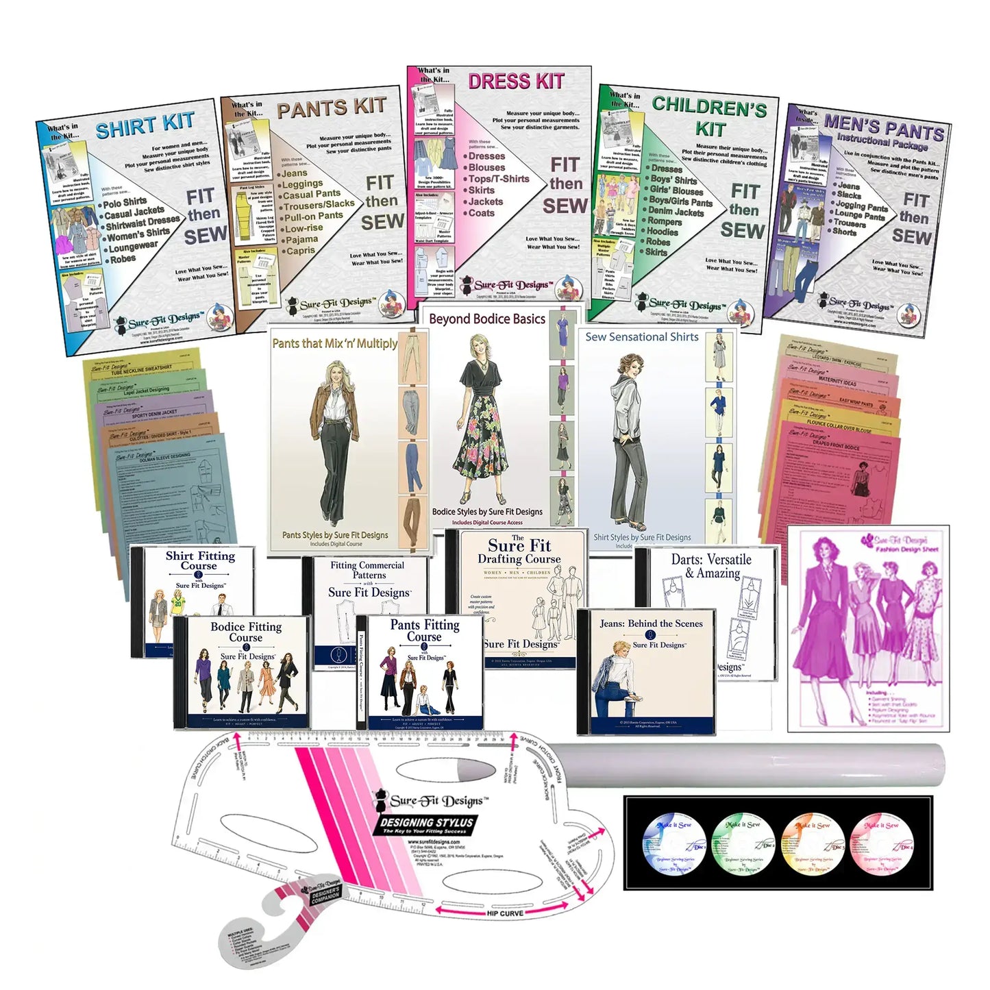 Collection of sewing kits and patterns on a white background