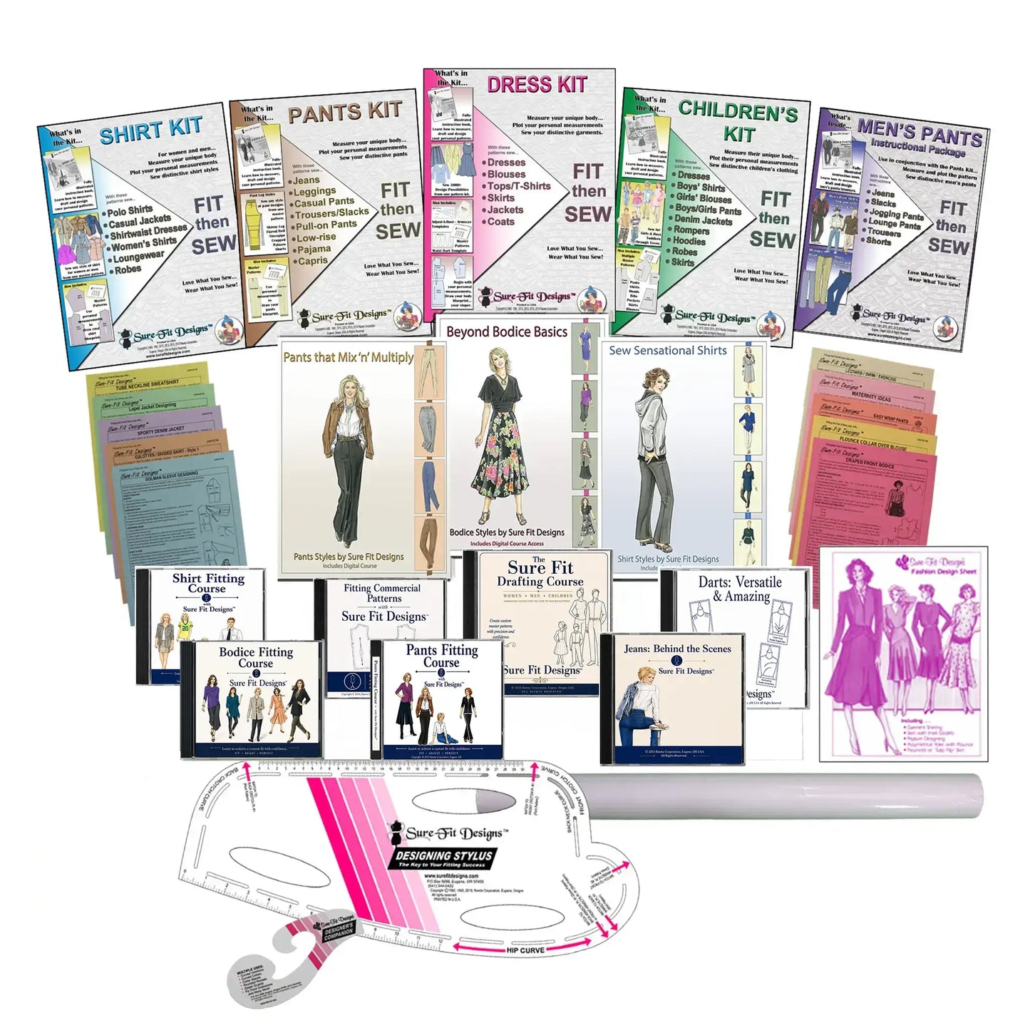 Collection of sewing kits and patterns on a white background