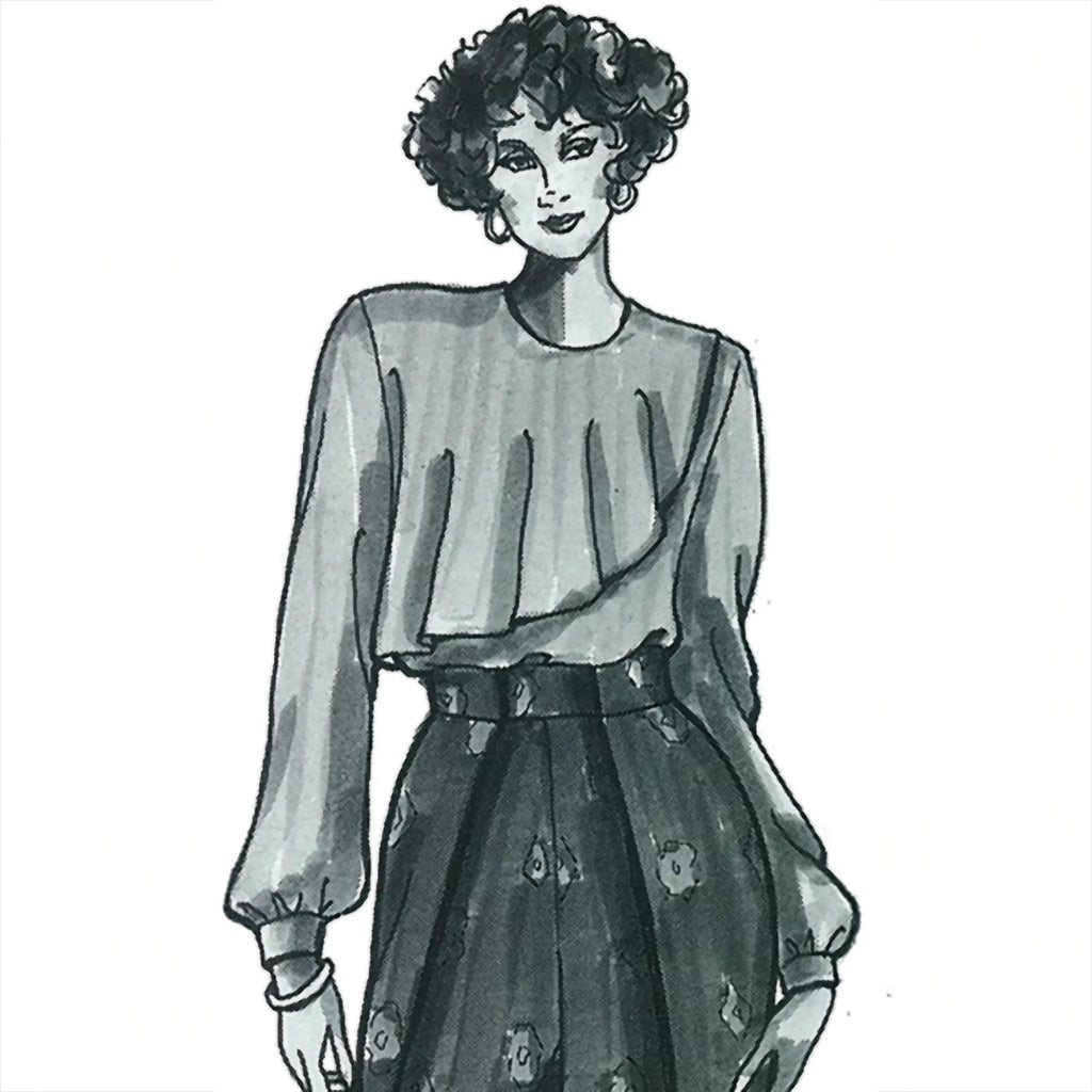 Illustration of a woman wearing a blouse and floral skirt on a white background