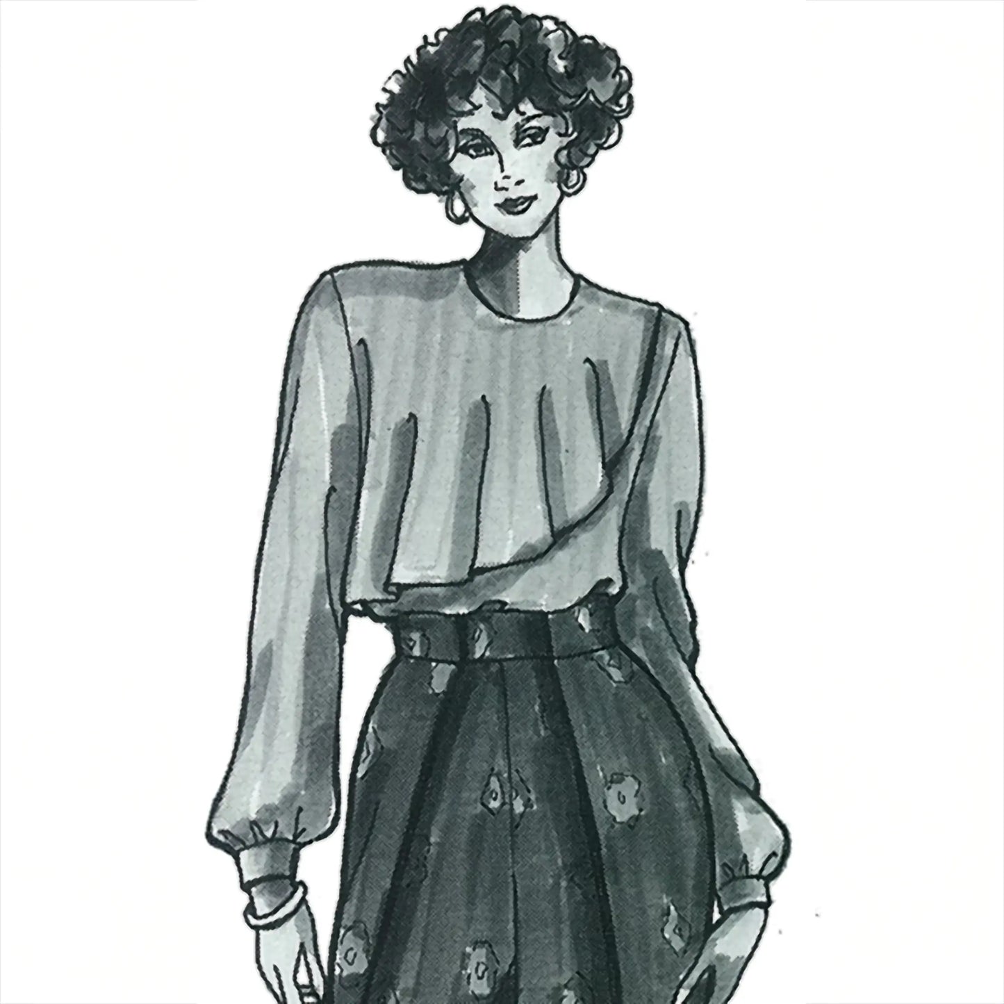 Illustration of a woman wearing a blouse and floral skirt on a white background