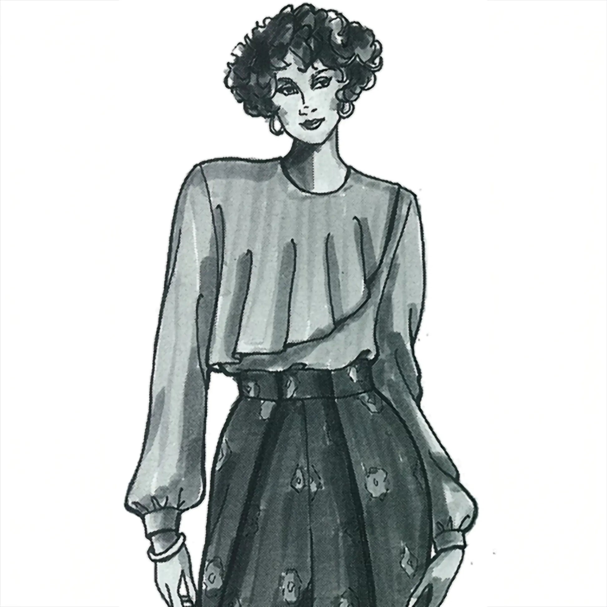 Illustration of a woman wearing a blouse and floral skirt on a white background