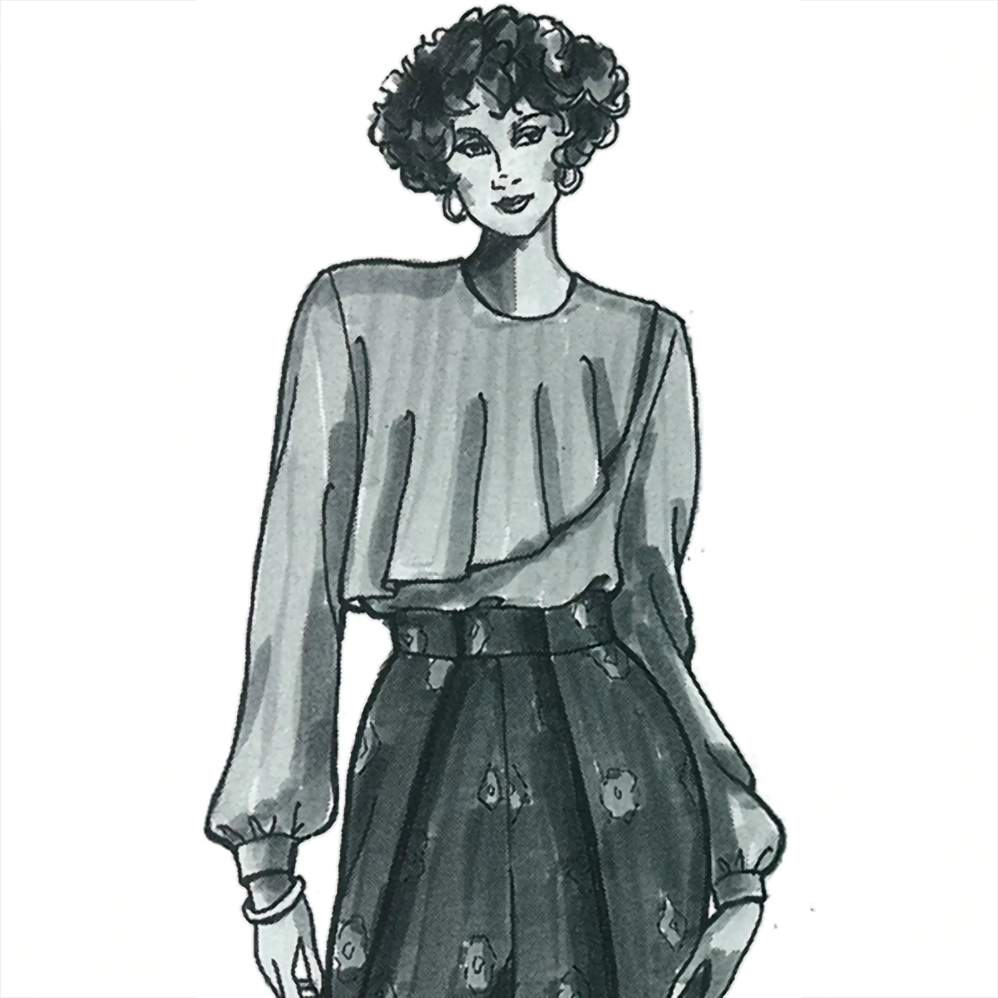 Illustration of a woman wearing a blouse and floral skirt on a white background