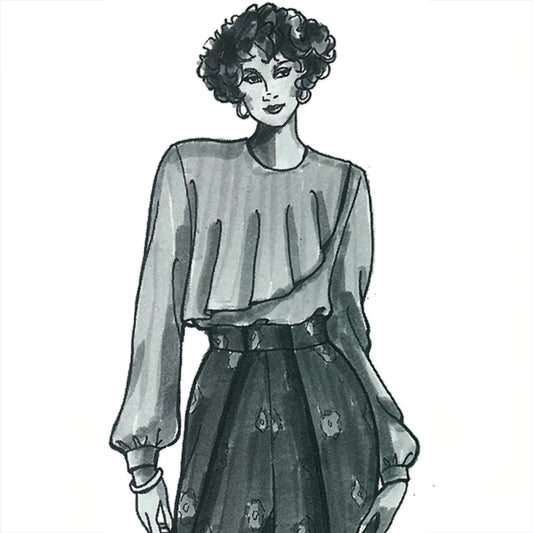 Illustration of a woman wearing a blouse and floral skirt on a white background