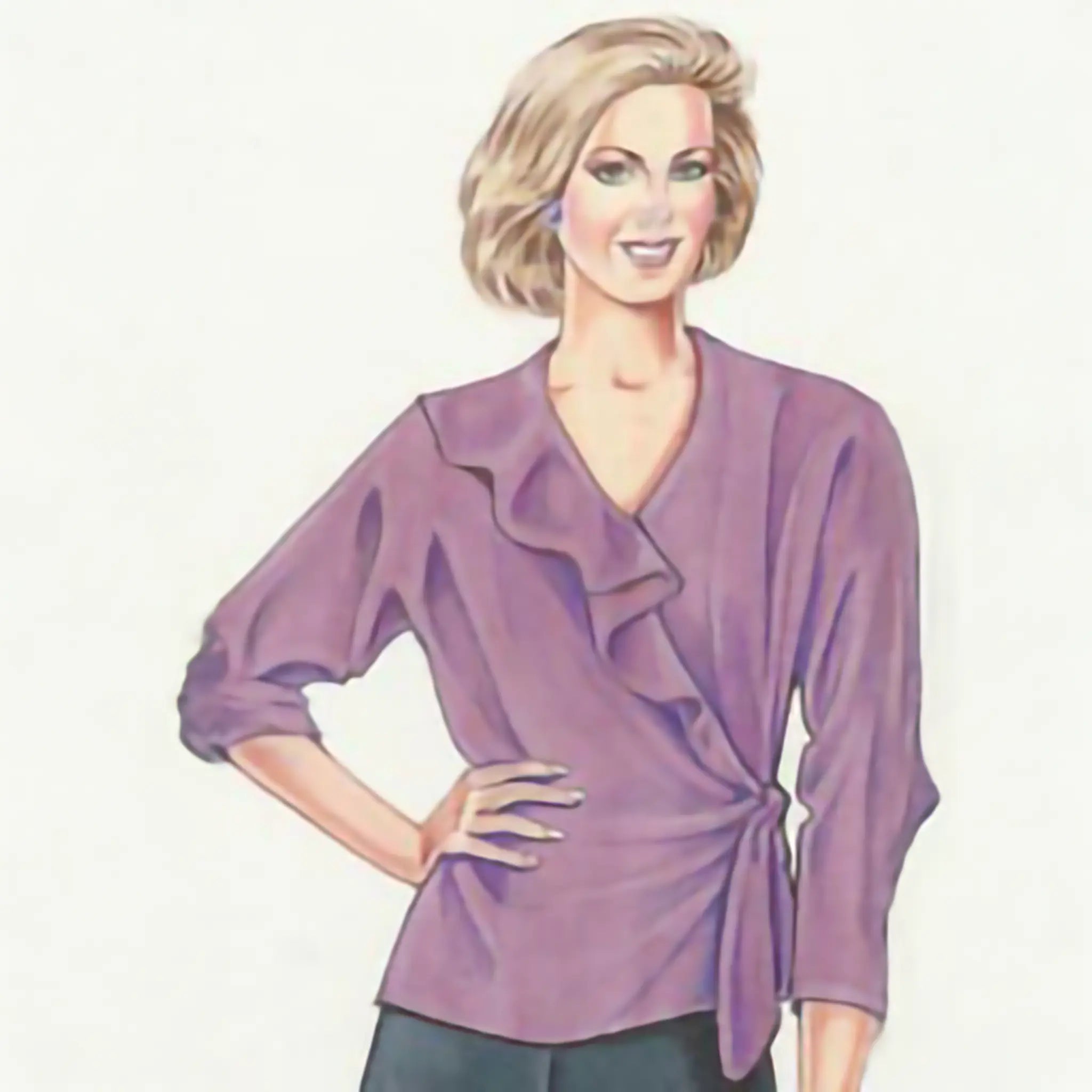 Illustration of a woman wearing a purple blouse on a white background