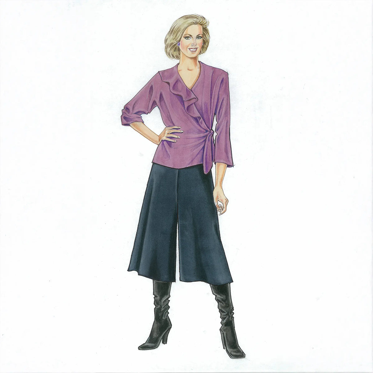 Woman wearing a purple top and dark blue skirt with black knee-high boots on a white background