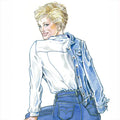 Illustration of a person wearing a white shirt and blue denim jacket on a white background