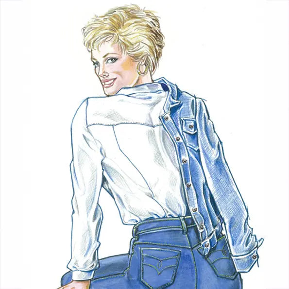 Illustration of a person wearing a white shirt and blue denim jacket on a white background