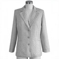 Gray checkered coat on a mannequin against a white background