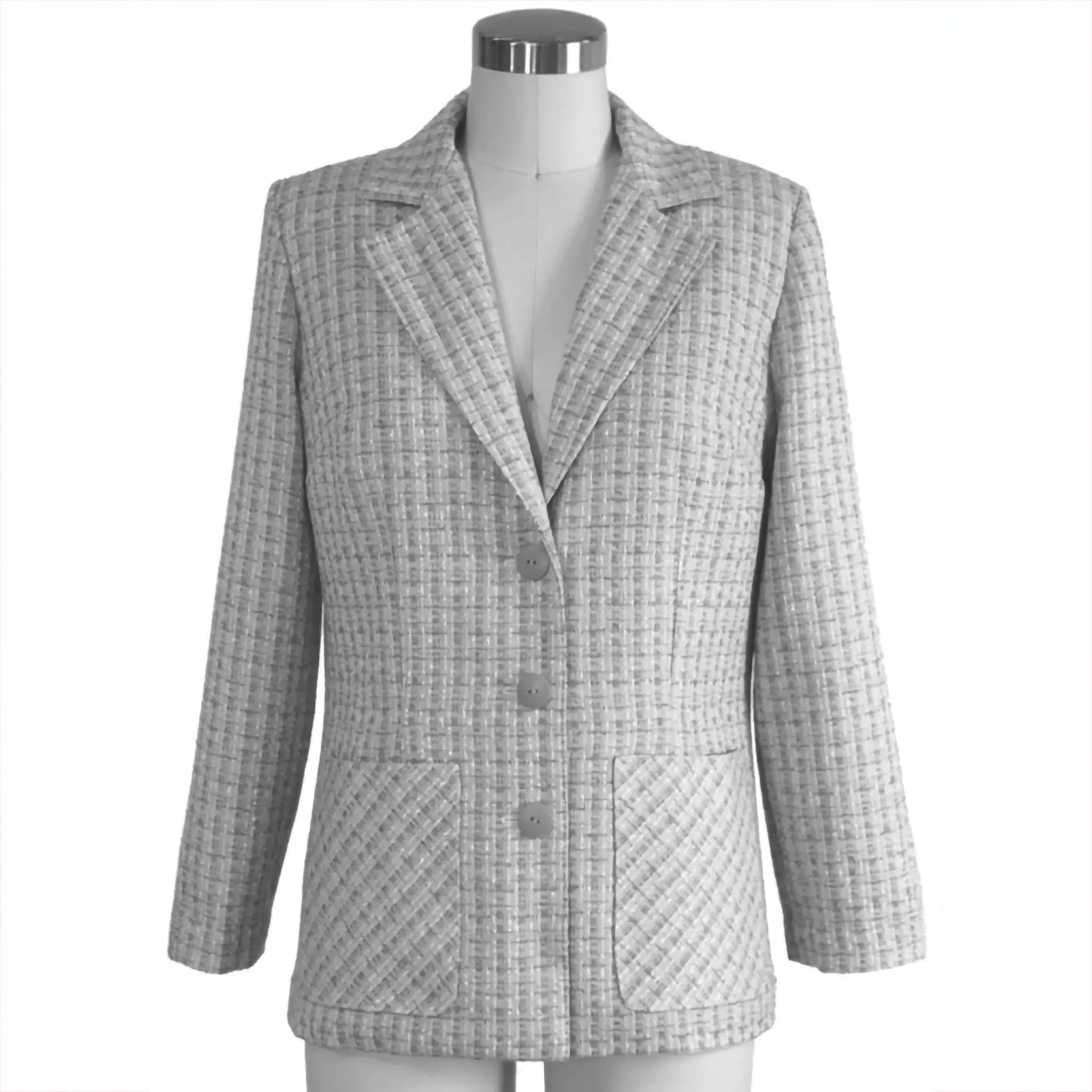 Gray checkered coat on a mannequin against a white background