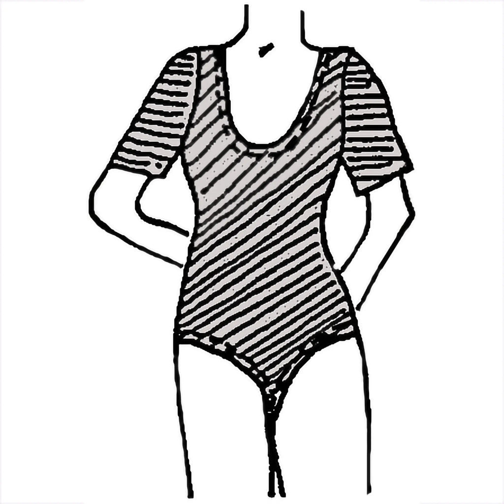 Black and white line drawing of a striped swimsuit