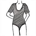 Black and white line drawing of a striped swimsuit
