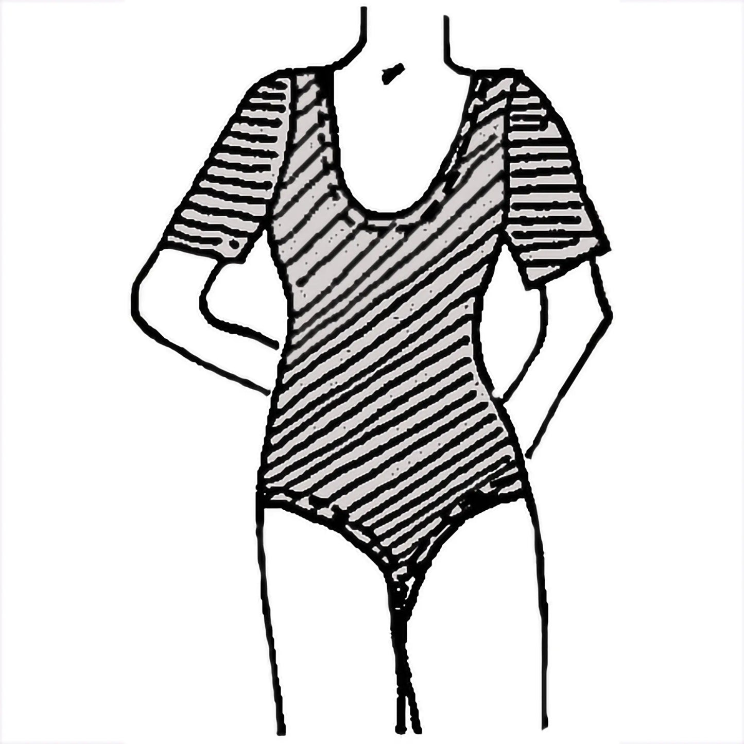 Black and white line drawing of a striped swimsuit