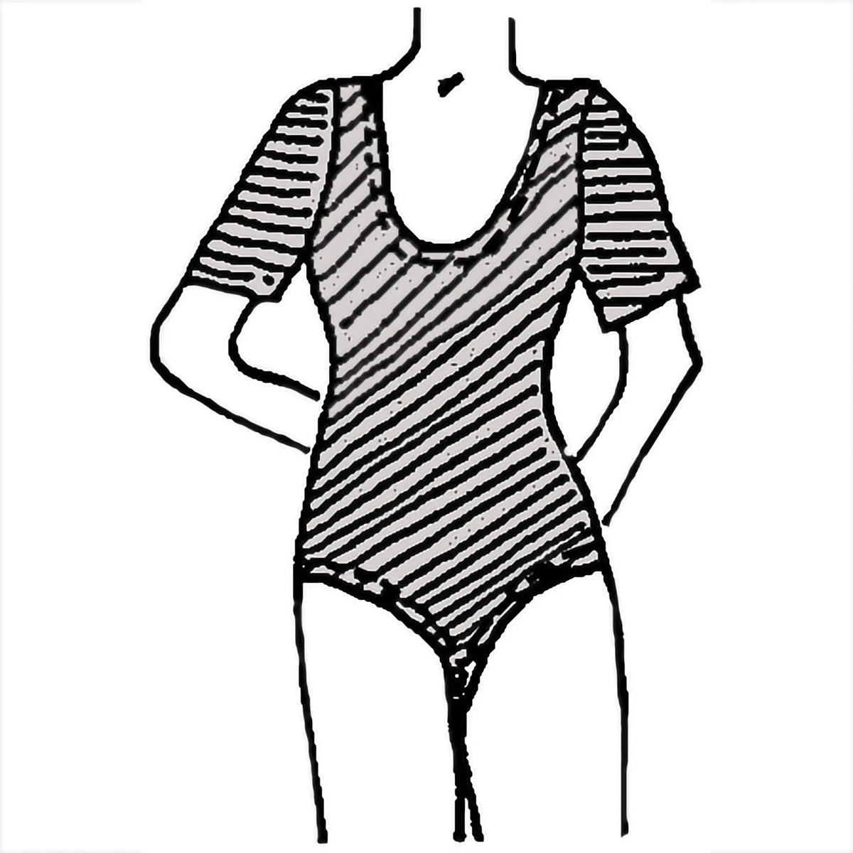 Black and white line drawing of a striped swimsuit