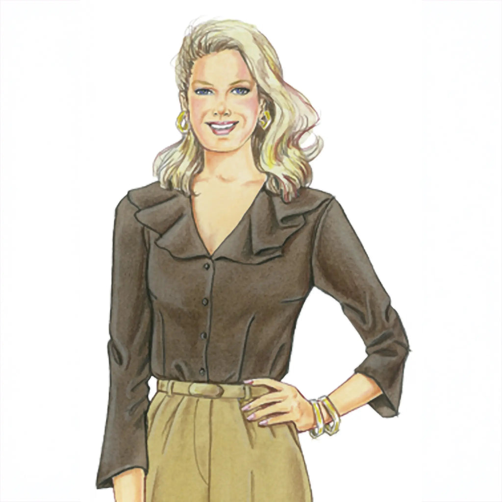 Illustration of a woman wearing a brown blouse and beige pants on a white background