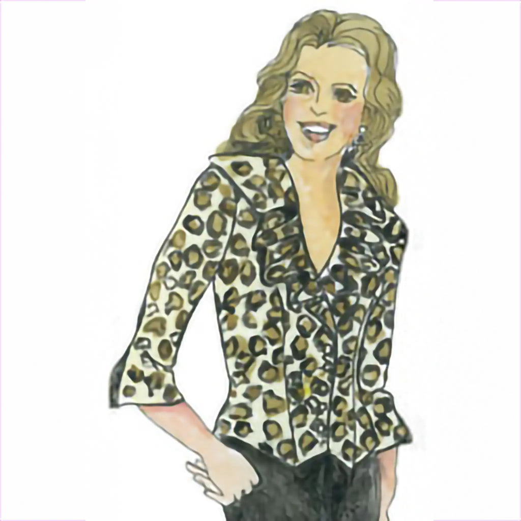 Illustration of a woman wearing a leopard print blouse on a white background