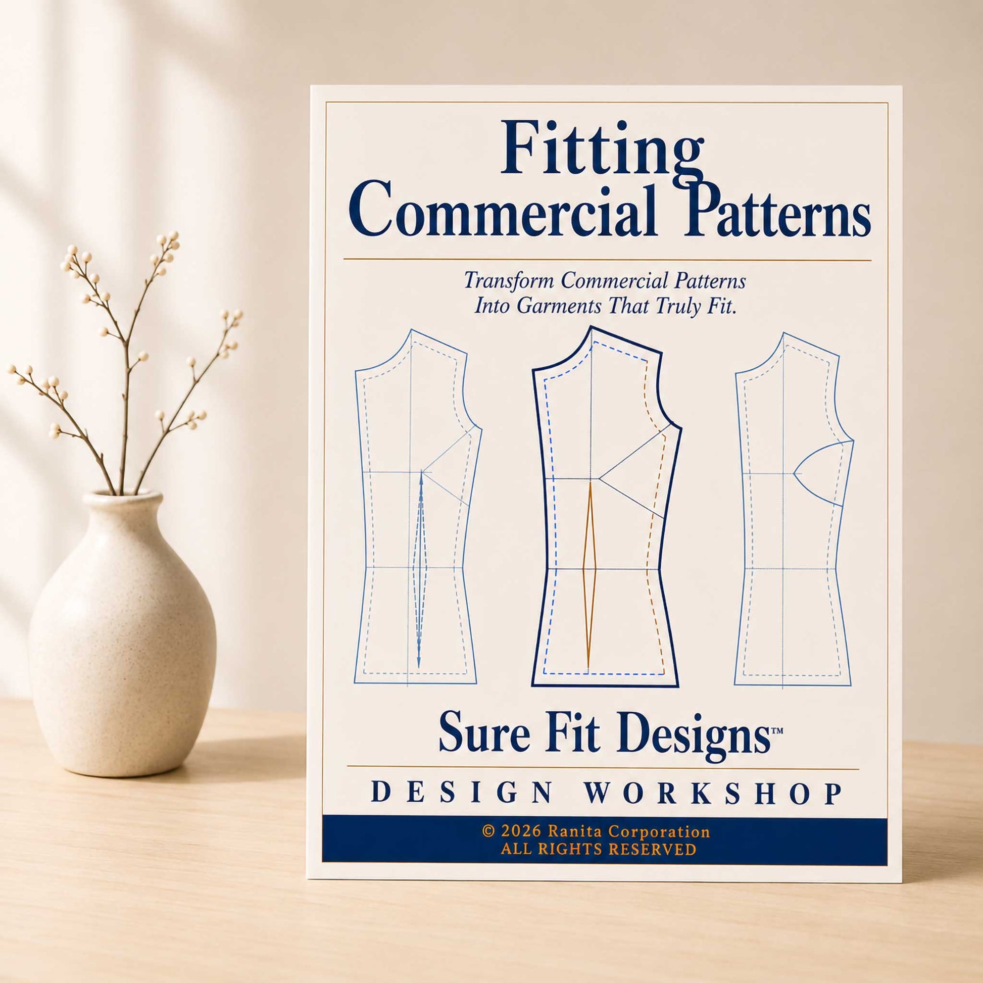 A Fitting Commercial Patterns course displayed on a light maple table with a small vase of branches.