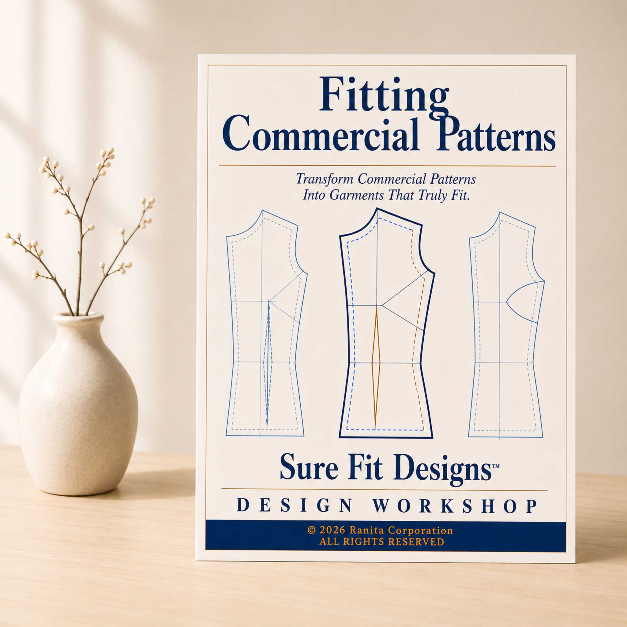 A Fitting Commercial Patterns course displayed on a light maple table with a small vase of branches.