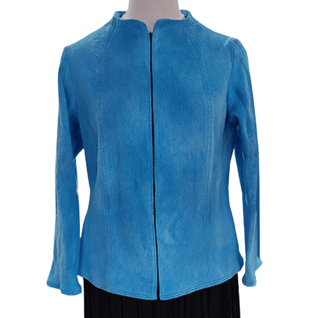 A digital PDF sewing pattern fora Funnel Neck Top.  The garment is a blue zip up jacket on a mannequin.