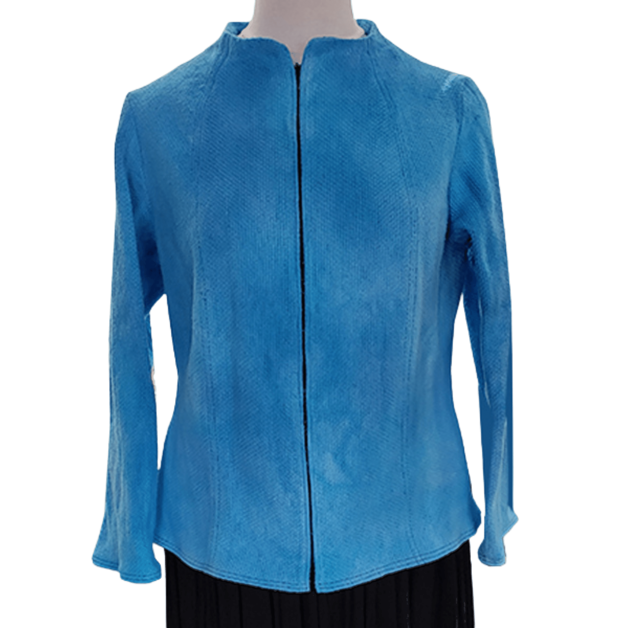 A digital PDF sewing pattern fora Funnel Neck Top.  The garment is a blue zip up jacket on a mannequin.