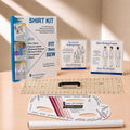 Sure Fit Designers shirt fitting kit displayed on a beige surface with warm sunlight shadows. The kit includes a main instruction booklet, three smaller course/booklet covers, a clear gridded cutting mat, a white arched template, and a white roll of paper.