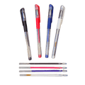 4 colored heat erasable pens for marking fabric lined up vertically.  From left to right is black, red, blue and white.  There are ink refills lined up horizontally under the pens