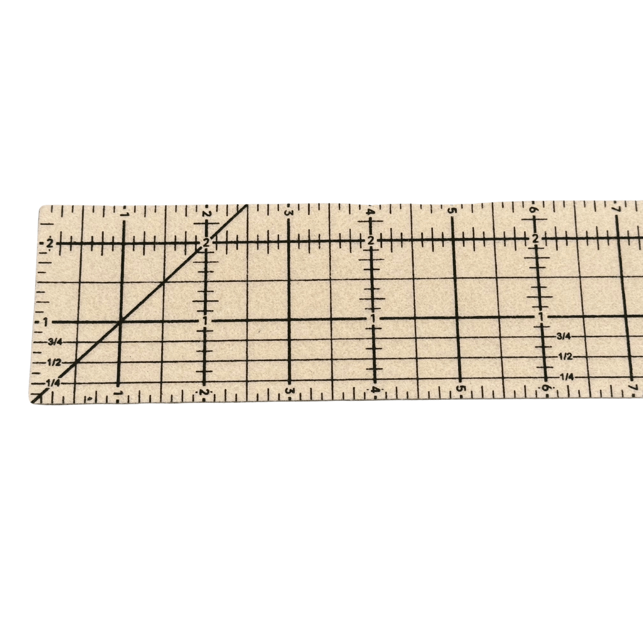 a sewing hot hemmer made of felt and marked with a black measuring grid in inches