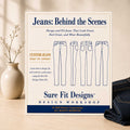 Poster for 'Jeans: Behind the Scenes' design workshop by Sure Fit Designs on a wooden surface with jeans and a vase.