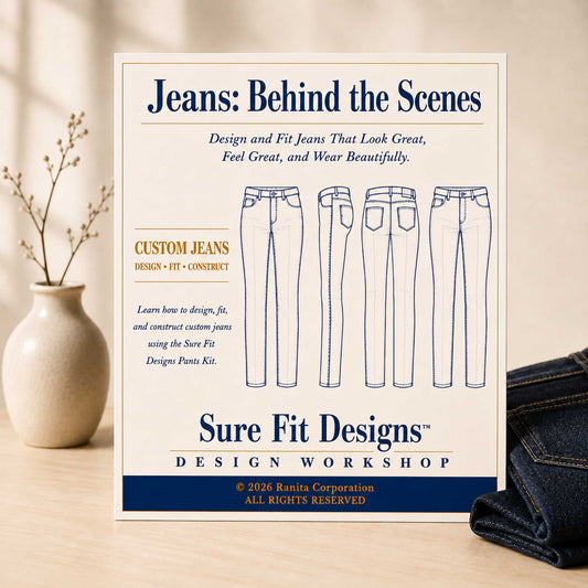 Poster for 'Jeans: Behind the Scenes' design workshop by Sure Fit Designs on a wooden surface with jeans and a vase.