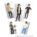 Five images of a woman modeling different outfits with patterned pants against a white background.
