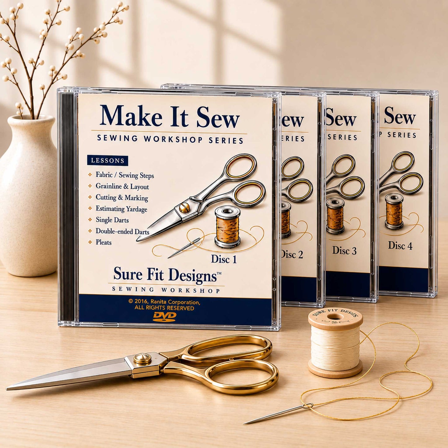 Make It Sew sewing workshop series DVDs with sewing tools on a wooden surface