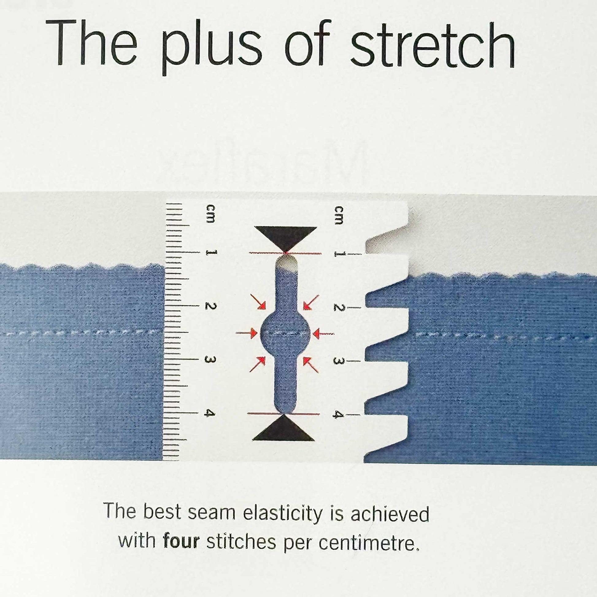 Textile with stitching pattern and measurement scale, emphasizing four stitches per centimeter.