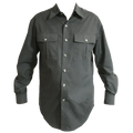 Advertisement for a sewing pattern PDF for a men's travel shirt.  The garment is an olive-green button up shirt.