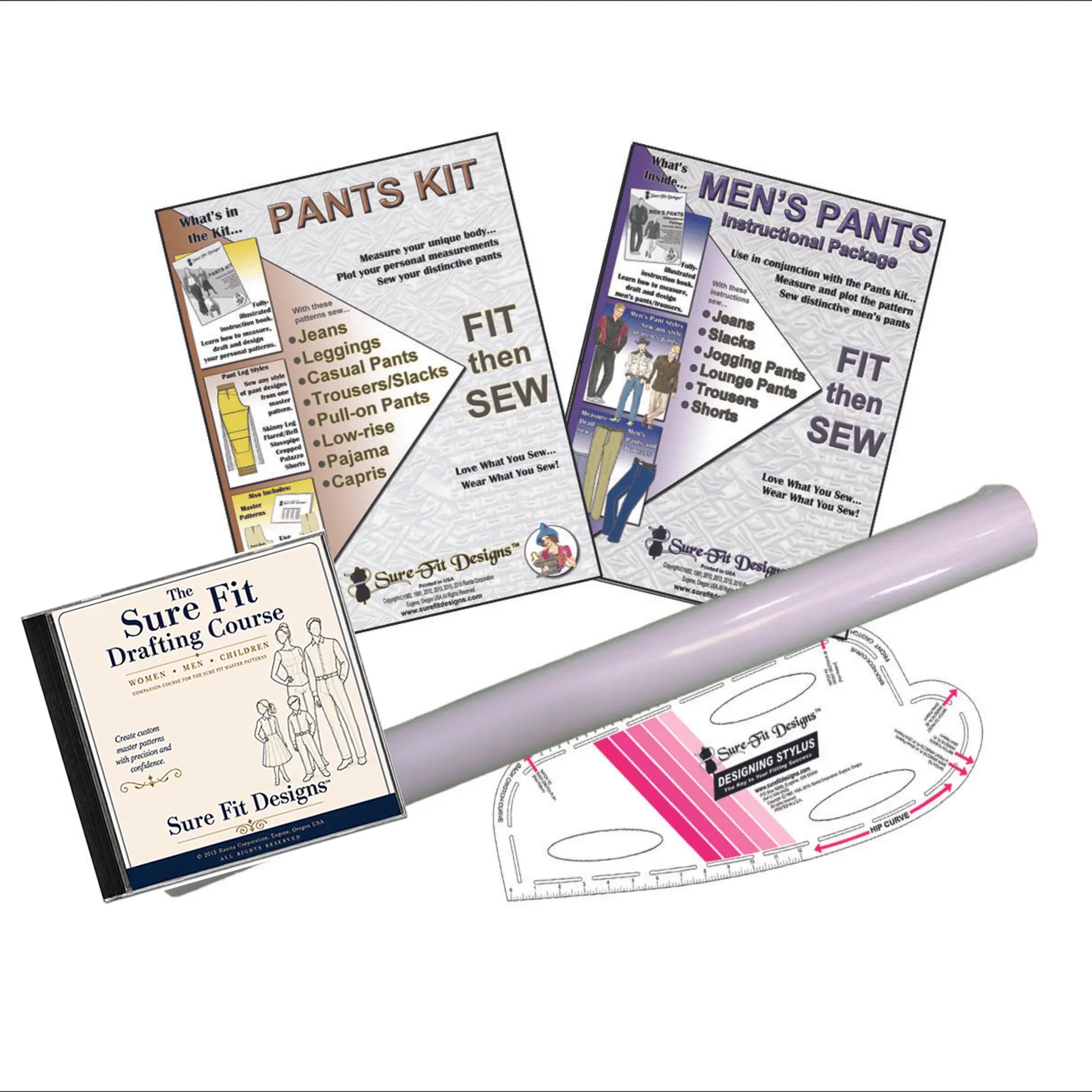 A Pant's kit, a Men's pants instructions, a DVD course, a roll of paper and a designing stylus
