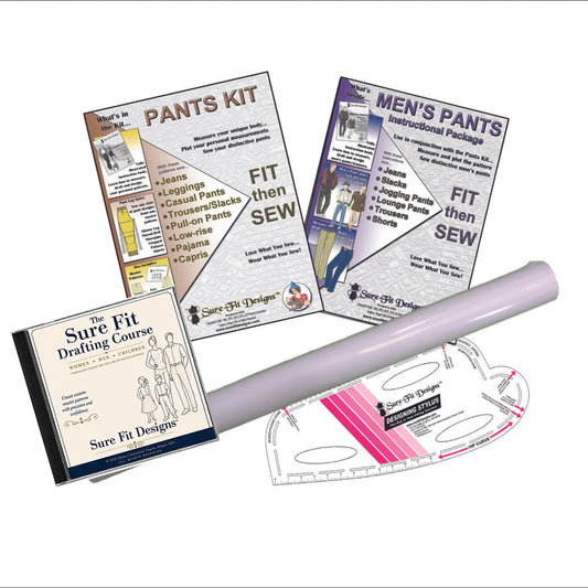 A Pant's kit, a Men's pants instructions, a DVD course, a roll of paper and a designing stylus