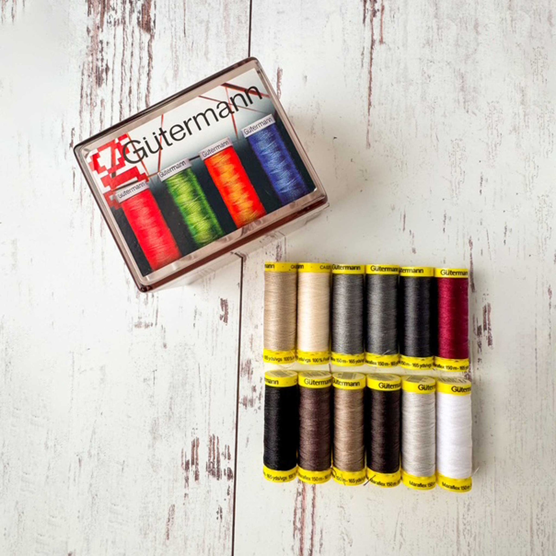 Set of Gutermann thread spools on a wooden surface