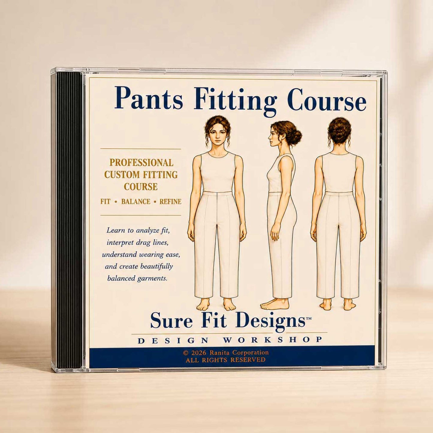 CD case for 'Pants Fitting Course' by Sure Fit Designs on a beige background