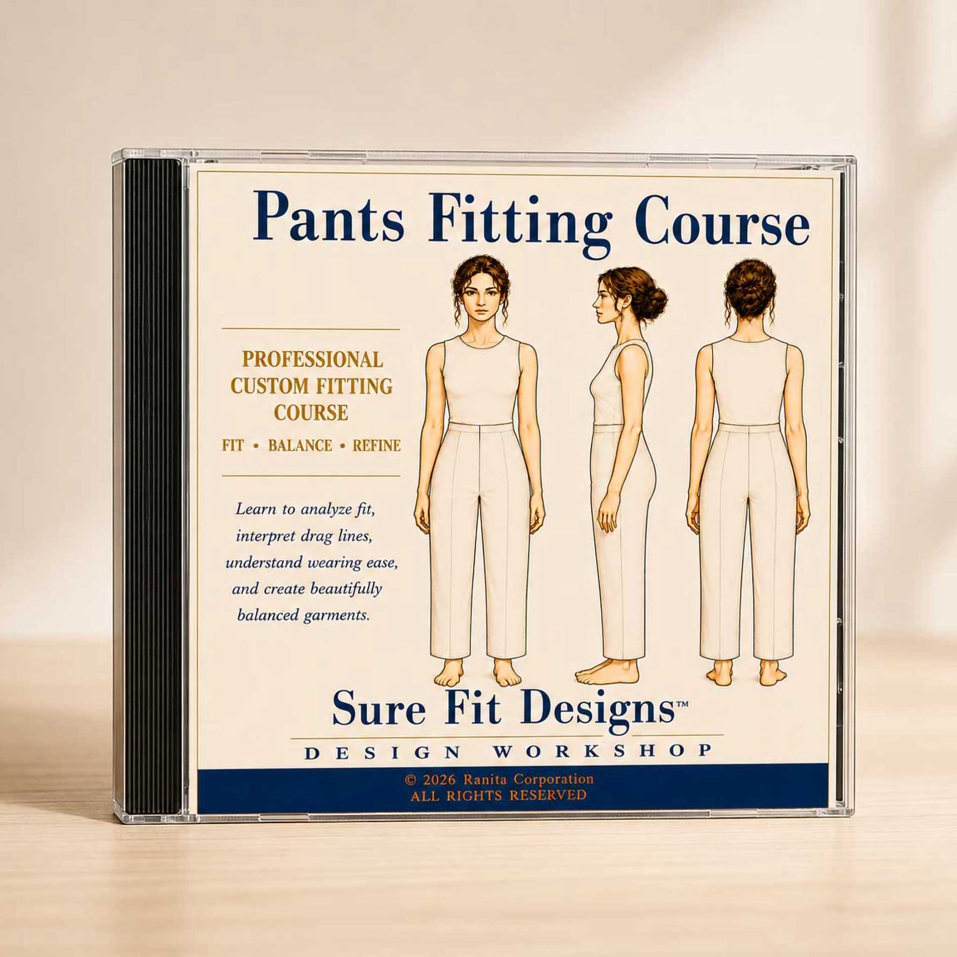 CD case for 'Pants Fitting Course' by Sure Fit Designs on a beige background
