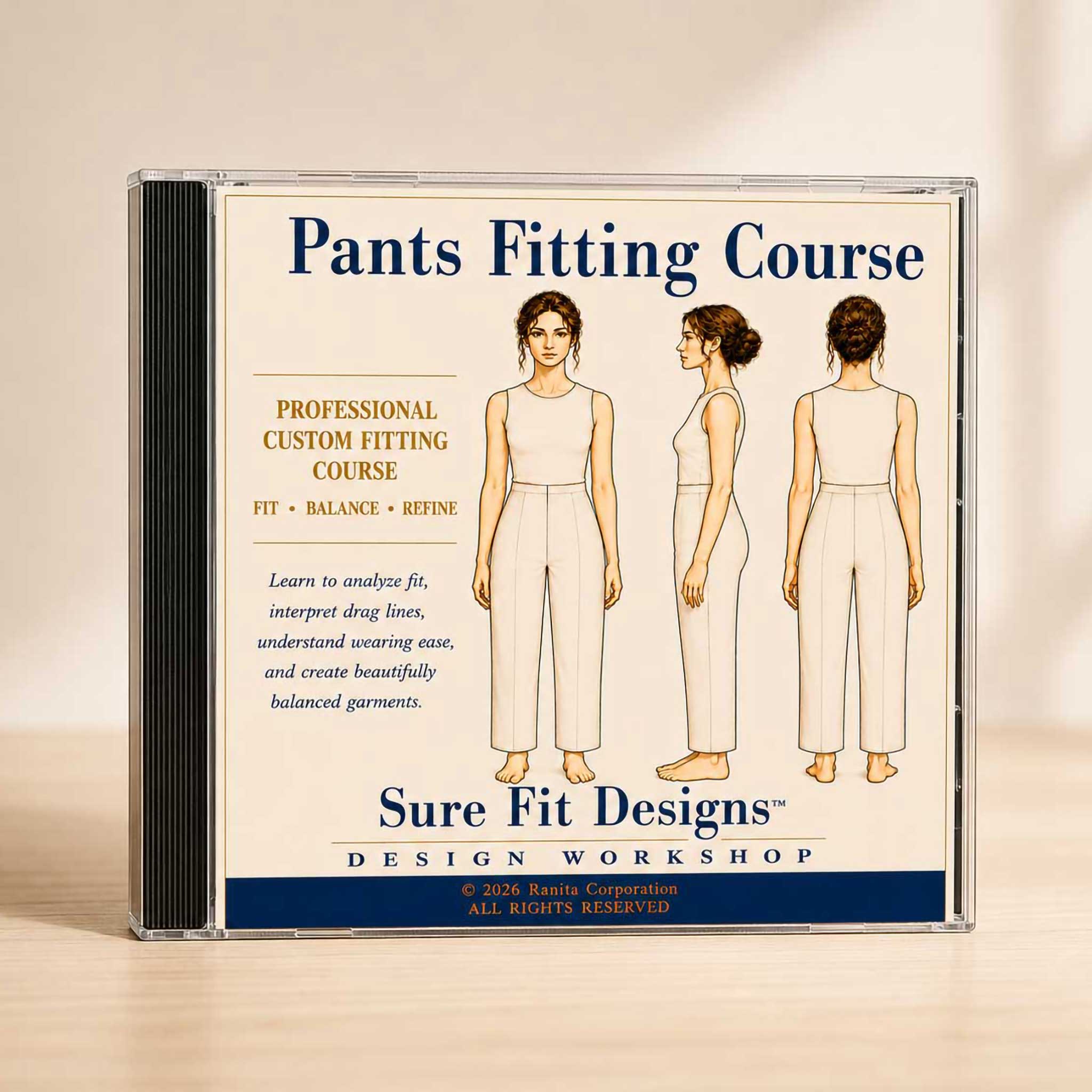 CD case for 'Pants Fitting Course' by Sure Fit Designs on a beige  background