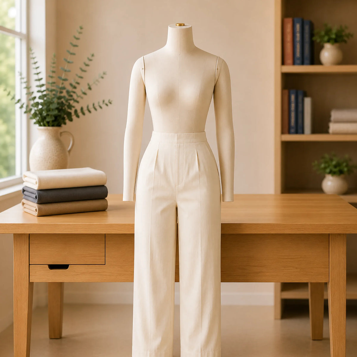 A cream-colored sleeveless top and matching high-waisted wide-leg trousers displayed on a mannequin torso, set in a warm, softly lit room with a wooden desk, books, and plants.