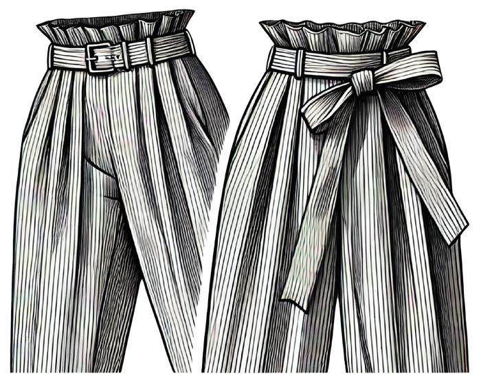 Black and white illustration of two pairs of pants with belts.