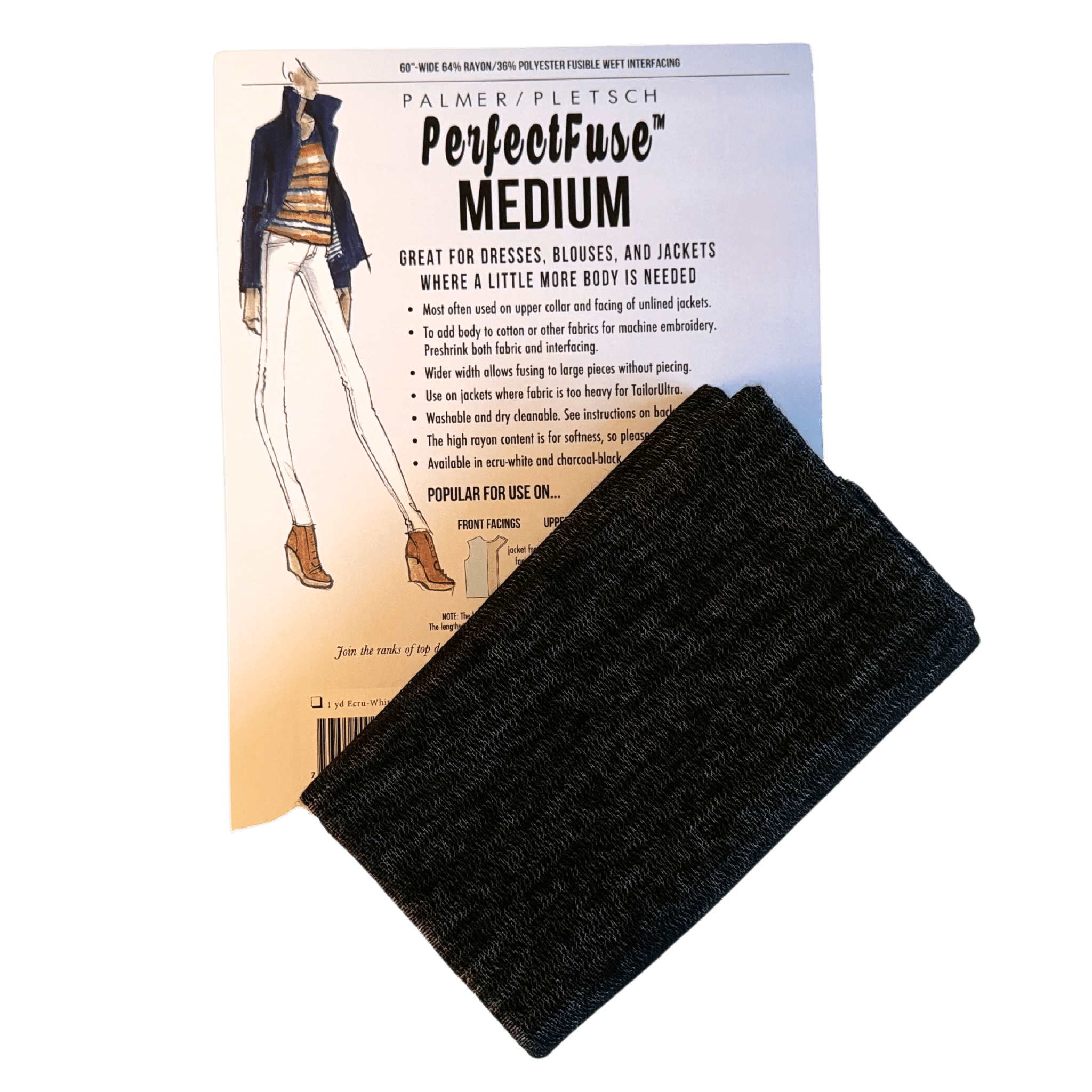 A product envelope for a medium weight iron on interfacing made by Palmer Pletsch.  The interfacing is charcoal gray in color 