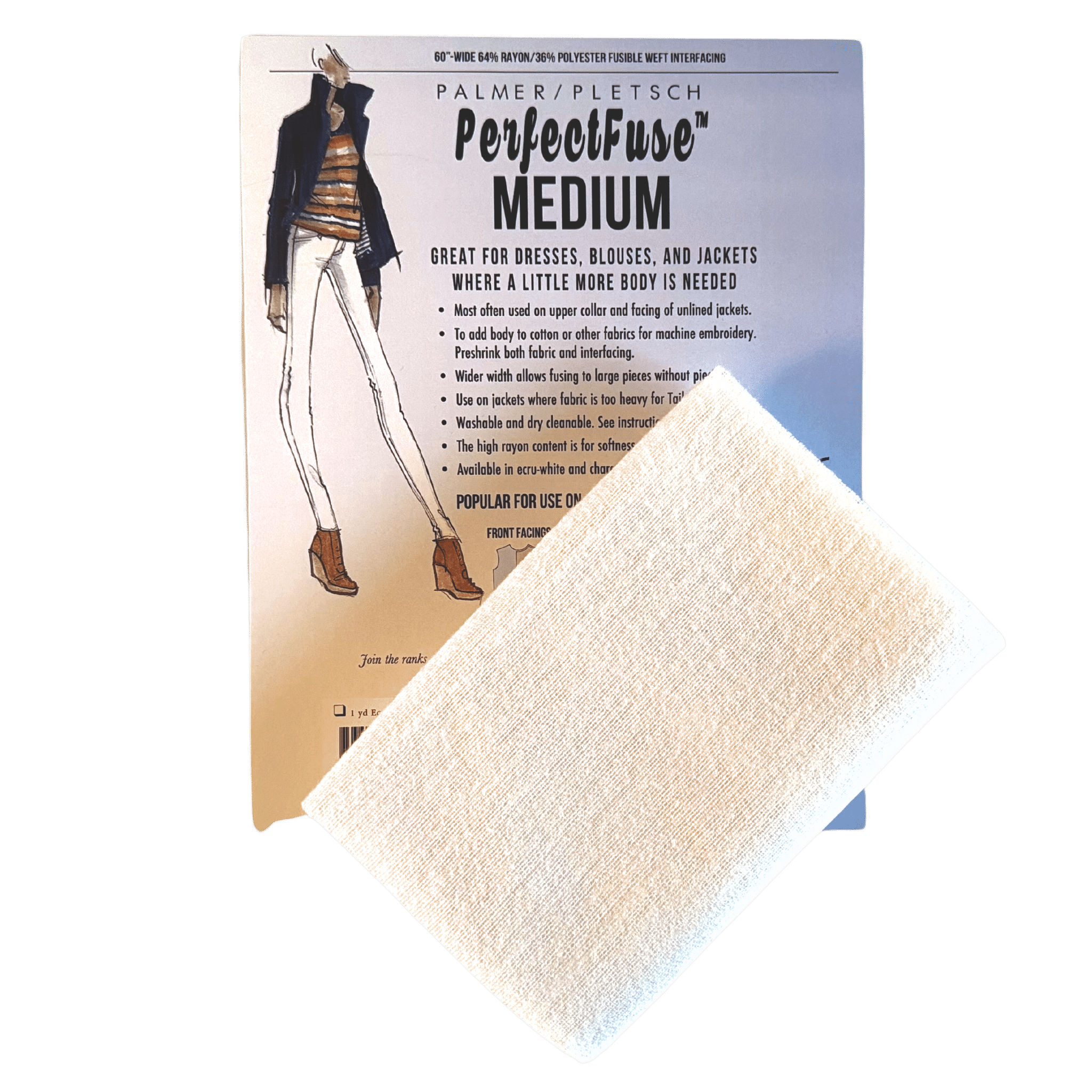 A product envelope for a medium weight iron on interfacing made by Palmer Pletsch.  The interfacing is white in color 