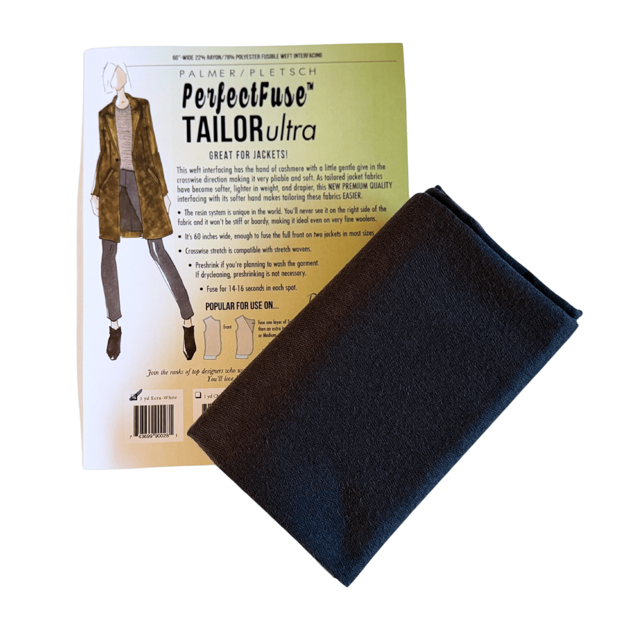 A product envelope for tailor ultra iron on interfacing made by Palmer Pletsch.  The interfacing is black in color 